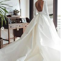 Simple A Line Satin Wedding Dresses Beautiful Backless Crew Neck Covered Button Bridal Gowns - Thumbnail 2