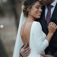 Simple A Line Satin Wedding Dresses Beautiful Backless Crew Neck Covered Button Bridal Gowns - Thumbnail 3