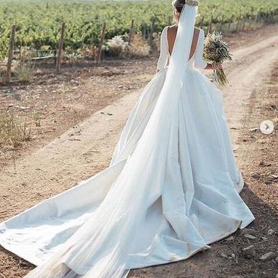 Simple ball gown wedding dresses beautiful backless 3/4 long sleeve bridal gowns - Thumbnail 5