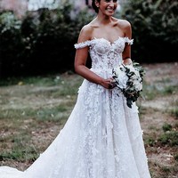 Stunning A Line Lace Wedding Dresses Off the Shoulder Delicate Lace Bridal Gowns - Thumbnail 1