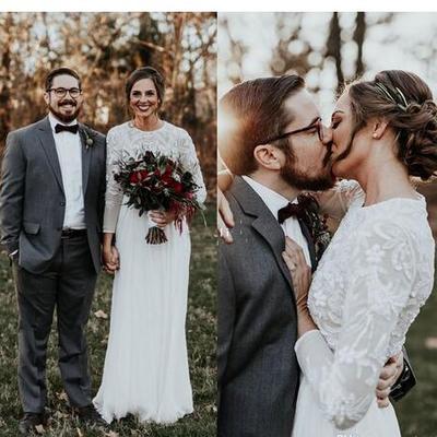  modest bohemian lace wedding dresses a line long sleeve cheap chiffon garden bridal gown lace appliques custom wedding bridal gowns