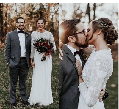  Modest Bohemian Lace Wedding Dresses A Line Long Sleeve Cheap Chiffon Garden Bridal Gown Lace Appliques Custom Wedding Bridal Gowns