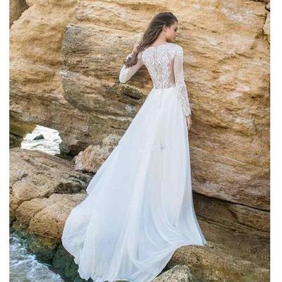 A line beach wedding dresses 2019 sheer neck long sleeves appliques chiffon hollow back bridal gowns bohemia wedding dress vestido de novia