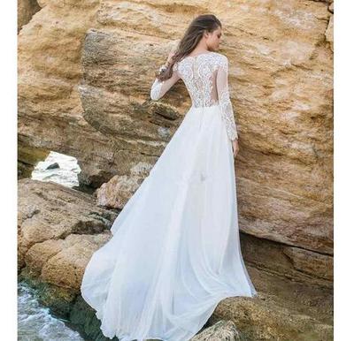 A line Beach Wedding Dresses 2019 Sheer Neck Long Sleeves Appliques Chiffon Hollow Back Bridal Gowns Bohemia Wedding Dress vestido de novia