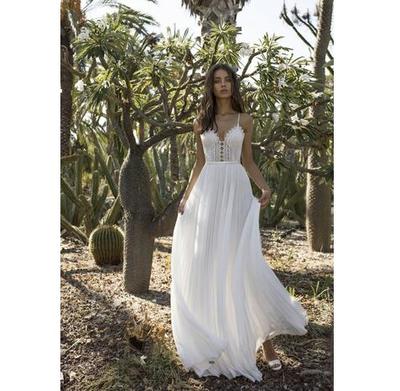 Beach Wedding Dresses A Line Spaghetti Neck Beads Backless Chiffon Bridal Gowns Boho Lace Wedding Dress