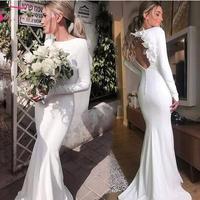  Long Sleeve Satin Wedding Dresses Mermaid Jewel Neck Bohemian Open Back Vestido De Noiva with 3D Flowers Long Wedding Dresses - Thumbnail 1