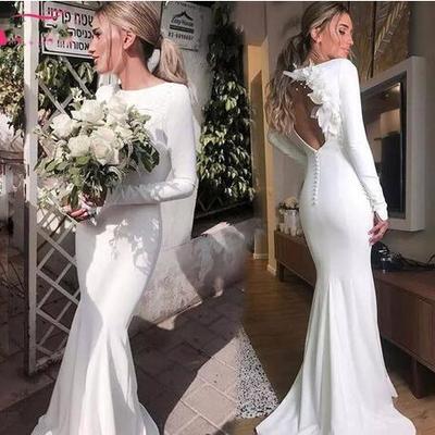  long sleeve satin wedding dresses mermaid jewel neck bohemian open back vestido de noiva with 3d flowers long wedding dresses