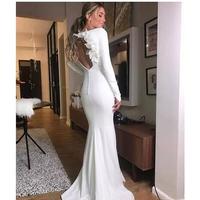  Long Sleeve Satin Wedding Dresses Mermaid Jewel Neck Bohemian Open Back Vestido De Noiva with 3D Flowers Long Wedding Dresses - Thumbnail 2
