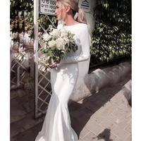  Long Sleeve Satin Wedding Dresses Mermaid Jewel Neck Bohemian Open Back Vestido De Noiva with 3D Flowers Long Wedding Dresses - Thumbnail 3