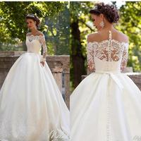 Long Sleeves Wedding Dresses Sheer Neckline Appliques Sweep Train Satin Vintage Country Bridal Gowns Vestidos De Noiva - Thumbnail 1