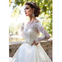 Long Sleeves Wedding Dresses Sheer Neckline Appliques Sweep Train Satin Vintage Country Bridal Gowns Vestidos De Noiva - Thumbnail 3