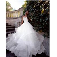 Gorgeous Fall Strapless vestido de novia White Wedding Dresses Ruched Tulle Sweep Train Corset Lace-Up Back Simple Bridal Gowns - Thumbnail 1