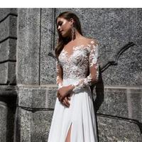 Beach Bohemian A Line Wedding Dresses Lace Sexy High Side Split Lace Applique Chiffon Long Sleeves Bridal Gowns Boho - Thumbnail 1