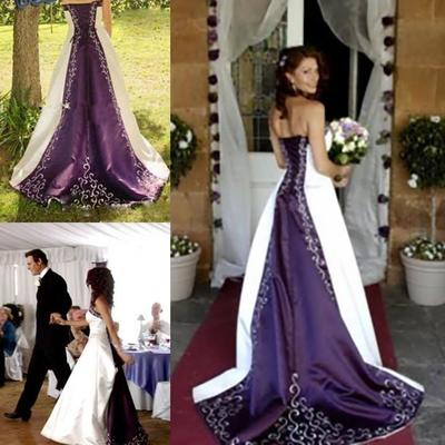 Hot white and purple wedding dresses 2019 pao embroidery vestido de custom made a-line strapless lace up back chapel train bridal gowns - Thumbnail 5