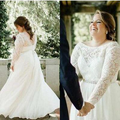  plus size wedding dresses with beads sash sheer long sleeves wedding bridal dresses floor length zipper up wedding gowns