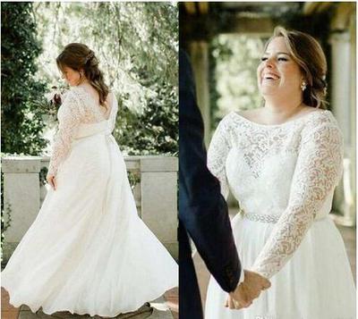  Plus Size Wedding Dresses With Beads Sash Sheer Long Sleeves Wedding Bridal Dresses Floor Length Zipper Up Wedding Gowns