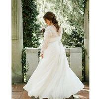  Plus Size Wedding Dresses With Beads Sash Sheer Long Sleeves Wedding Bridal Dresses Floor Length Zipper Up Wedding Gowns - Thumbnail 1