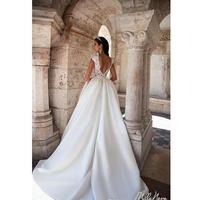 Illusion Cap Sleeves Lace A Line Wedding Dresses Satin Illusion Tulle Applique Backless Court Train Bridal Gowns - Thumbnail 1