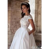 Illusion Cap Sleeves Lace A Line Wedding Dresses Satin Illusion Tulle Applique Backless Court Train Bridal Gowns - Thumbnail 2