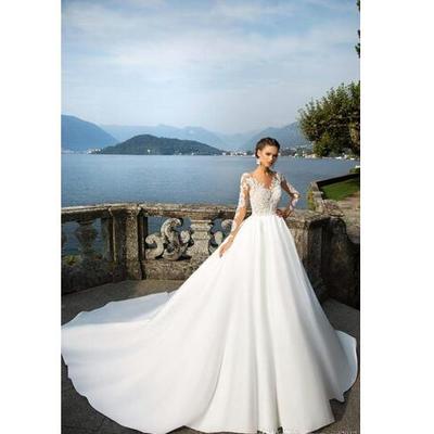 Vintage wedding dresses sheer long sleeves lace appliqued button back satin wedding gowns women country western bridal gowns - Thumbnail 5