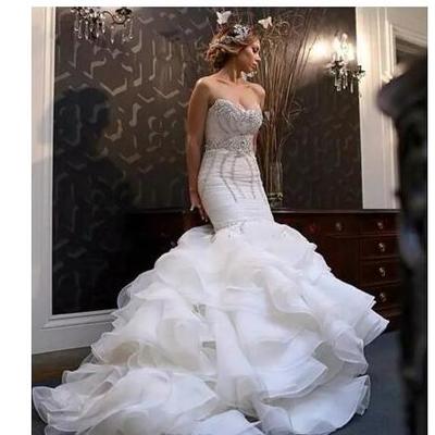 Mermaid wedding dresses plus size bling crystal beaded court train bridal gowns organza ruffles tiered skirt bridal dress