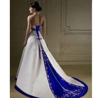 Court Train Ivory and Royal Blue A Line Wedding Dresses Halter Neck Open Back Lace Up Custom Made Embroidery Wedding Bridal Gowns - Thumbnail 2