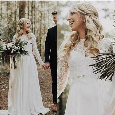  vintage country style spring wedding dresses bridal gowns chiffon garden bohemian illusion lace backless long sleeves bridal gowns