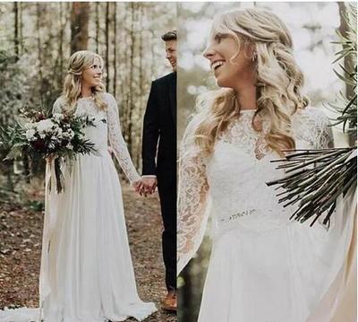  Vintage Country Style Spring Wedding Dresses Bridal Gowns Chiffon Garden Bohemian Illusion Lace Backless Long Sleeves Bridal Gowns
