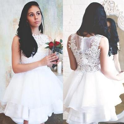 Elegant white lace wedding dresses jewel neck lace appliques summer civil hippie bridal dresses knee length organza ruffles wedding gowns