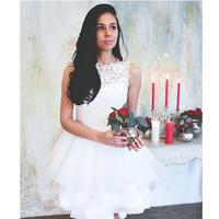 Elegant White Lace Wedding Dresses Jewel Neck Lace Appliques Summer Civil Hippie Bridal Dresses Knee Length Organza Ruffles Wedding Gowns - Thumbnail 1