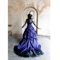 Victorian Gothic Plus Size Long Sleeve Wedding Dresses Sexy Purple and Black Ruffles Satin Corset Strapless Lace Bridal Gowns Plus Size - Thumbnail 1