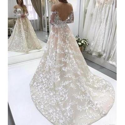 Charming luxury wedding dresses ivory lace embroidery nude tulle neckline long sleeves champagne court train wedding gowns