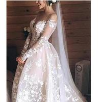 Charming Luxury Wedding Dresses Ivory Lace Embroidery Nude Tulle Neckline Long Sleeves Champagne Court Train Wedding Gowns - Thumbnail 2