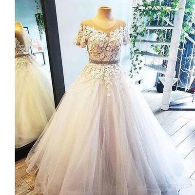 New lace a line wedding dresses short sleeves appliques beaded 3d flowers elegant bride gowns plus size