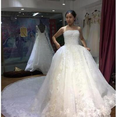 Hight quality elegant a line wedding dresses straepless sleeveless applique cathedral train tulle lace up wedding gowns - Thumbnail 5