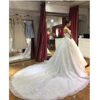 Hight Quality Elegant A Line Wedding Dresses Straepless Sleeveless Applique Cathedral Train Tulle Lace Up Wedding Gowns - Thumbnail 1