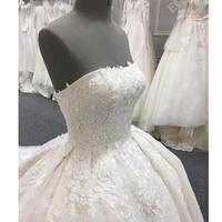 Hight Quality Elegant A Line Wedding Dresses Straepless Sleeveless Applique Cathedral Train Tulle Lace Up Wedding Gowns - Thumbnail 2