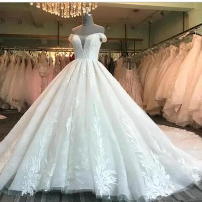 Hight quality a line wedding dresses scoop off the shoulder applique cathedral train tulle lace dresses lace up wedding gowns - Thumbnail 4