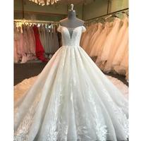 Hight Quality A Line Wedding Dresses Scoop Off The Shoulder Applique Cathedral Train Tulle Lace Dresses Lace Up Wedding Gowns - Thumbnail 1