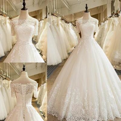  modern bateau short sleeve a-line wedding dresses lace applique beading design bridal dresses with lace-up back plus size wedding gowns