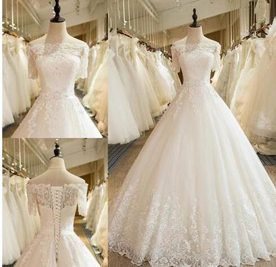  Modern Bateau Short Sleeve A-Line Wedding Dresses Lace Applique Beading Design Bridal Dresses With Lace-up Back Plus Size Wedding Gowns