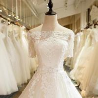  Modern Bateau Short Sleeve A-Line Wedding Dresses Lace Applique Beading Design Bridal Dresses With Lace-up Back Plus Size Wedding Gowns - Thumbnail 2