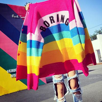 Boring heart embroidery rainbow knit cardigan sweater - Thumbnail 3