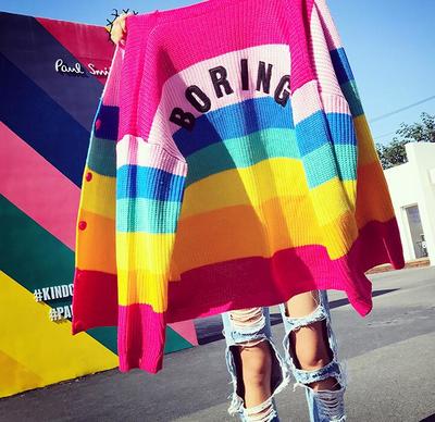 BORING Heart Embroidery Rainbow Knit Cardigan Sweater