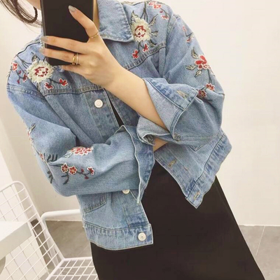 Floral flower embroidered denim jacket - Thumbnail 5