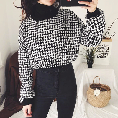Round collar houndstooth cropped sweatshirt - Thumbnail 4