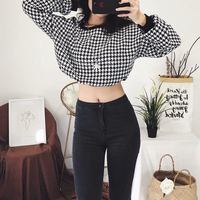 Round Collar Houndstooth Cropped Sweatshirt - Thumbnail 1