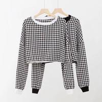 Round Collar Houndstooth Cropped Sweatshirt - Thumbnail 2