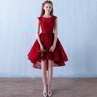 Burgundy lace high low short prom dress, evening dress - Thumbnail 1