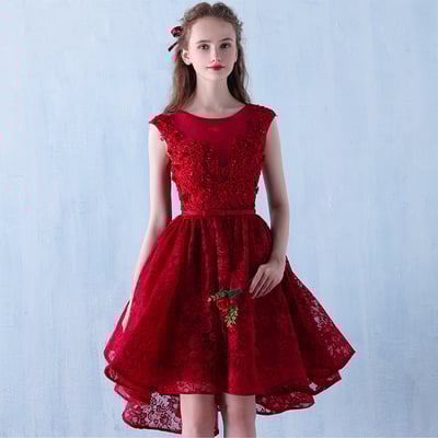 Burgundy lace high low short prom dress, evening dress - Thumbnail 5